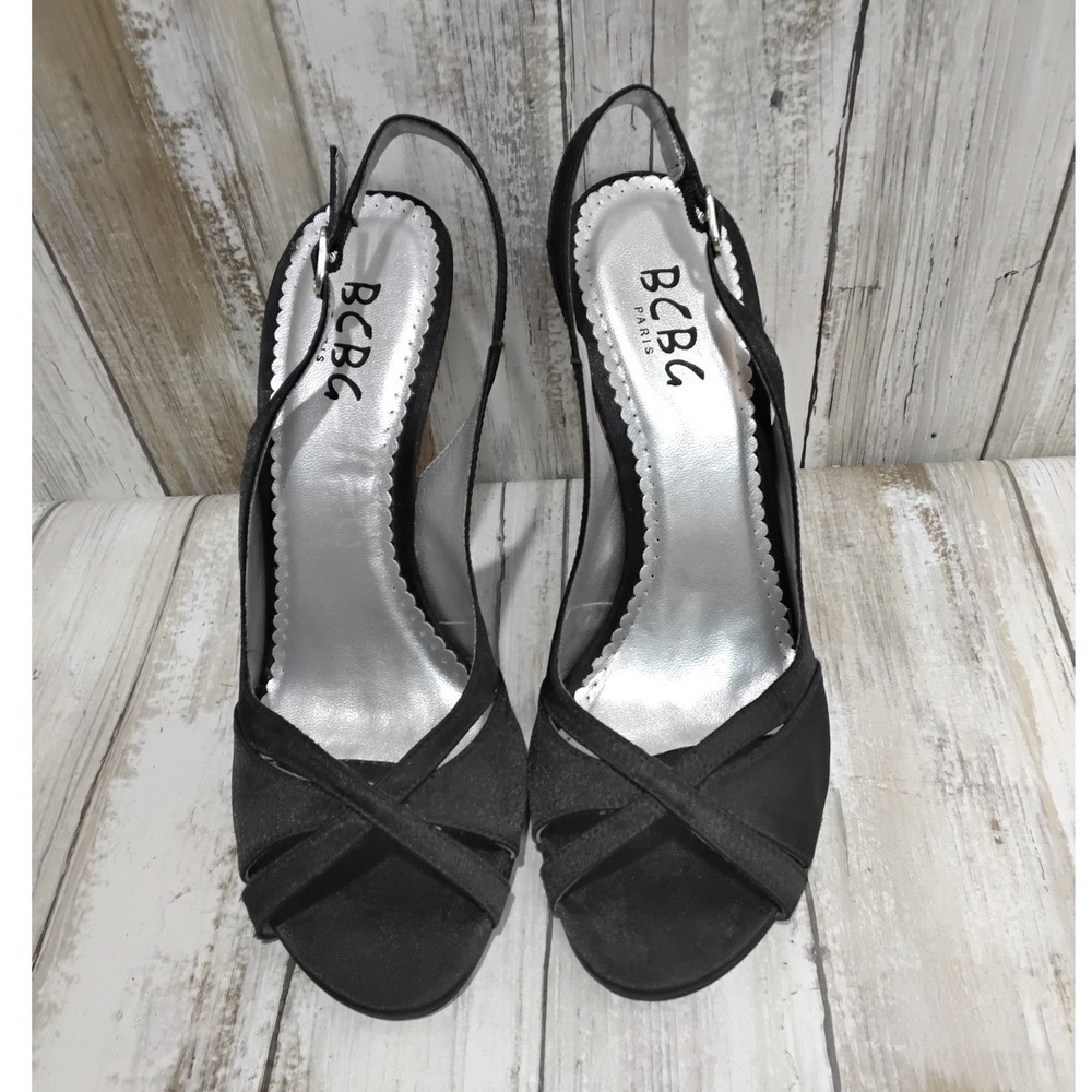 BCBG Paris Black Slingback Wedge Heels Cork Platform Shoes Women's‎ Size 7B